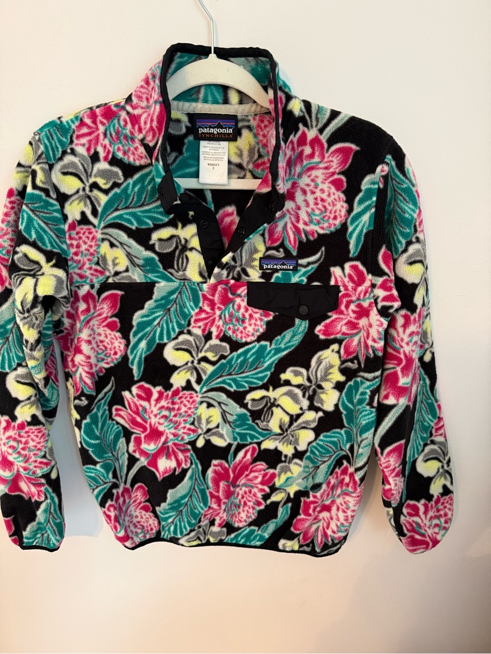 Patagonia Black Floral Synchilla Teddy Jacket with Pink & Teal Print